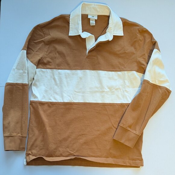 H&M Men's Rugby Shirt Medium Brown/orange & White Color Block Stripe Split Hem - Picture 1 of 3